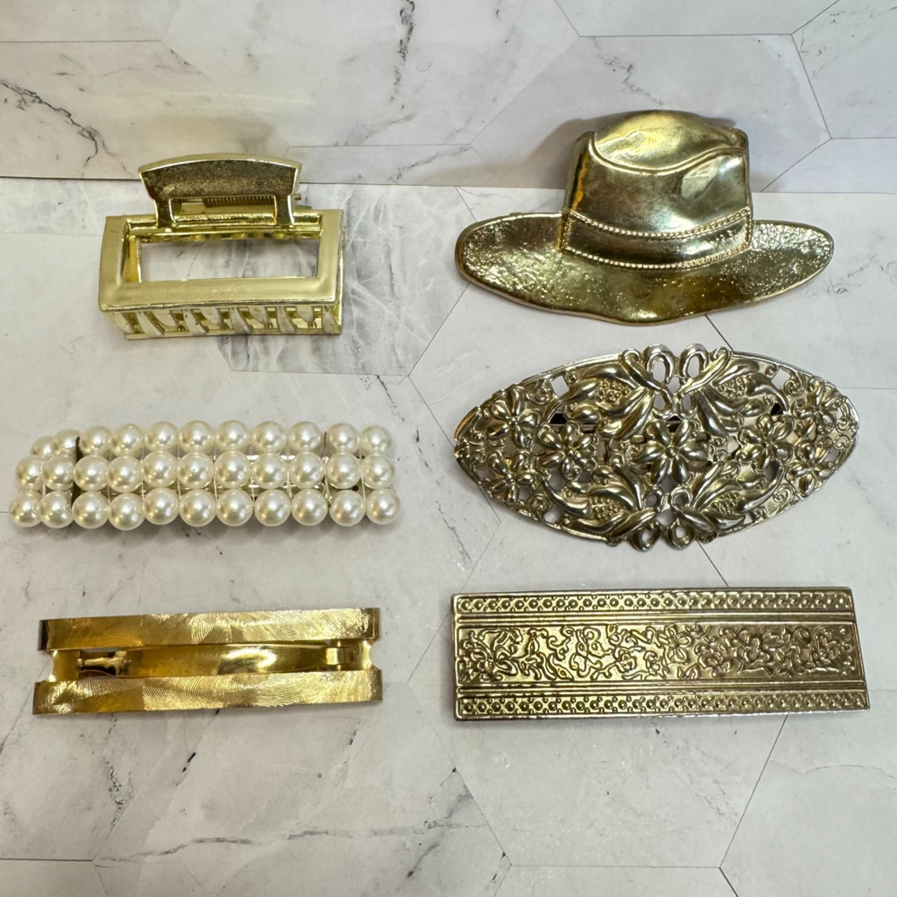 Vintage Goody Hair Barrettes Lot of 6 Gold Tone Metal 1980s Coquette Clip Pearls